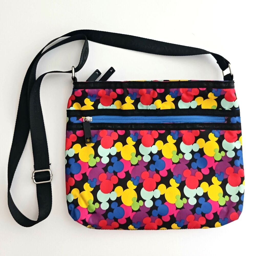 NEW Disney Parks Lg Nylon Crossbody Bag Multicolor Mickey Head Icon Blk Strap